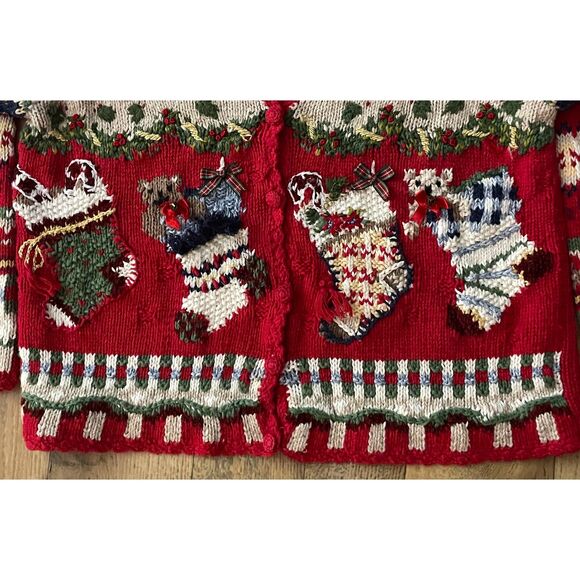 Vintage 1990s Heirloom Collectibles Christmas Cardigan Sweater L Red Knit - Picture 7 of 14